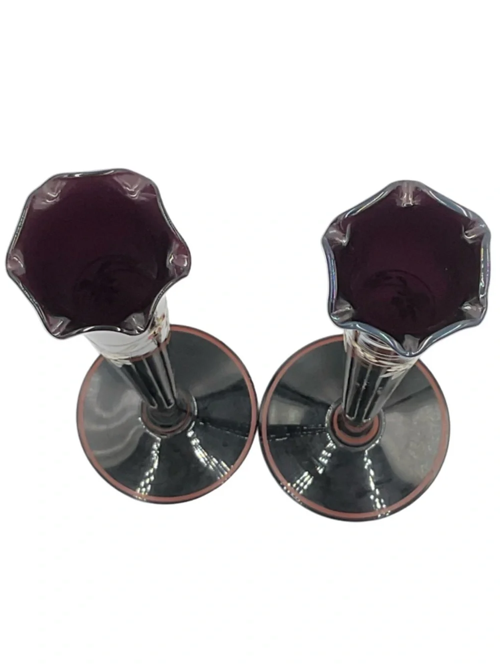 Antique Pair of Maryland Glass Black Amethyst Glass Art Deco Vase Hand Painted